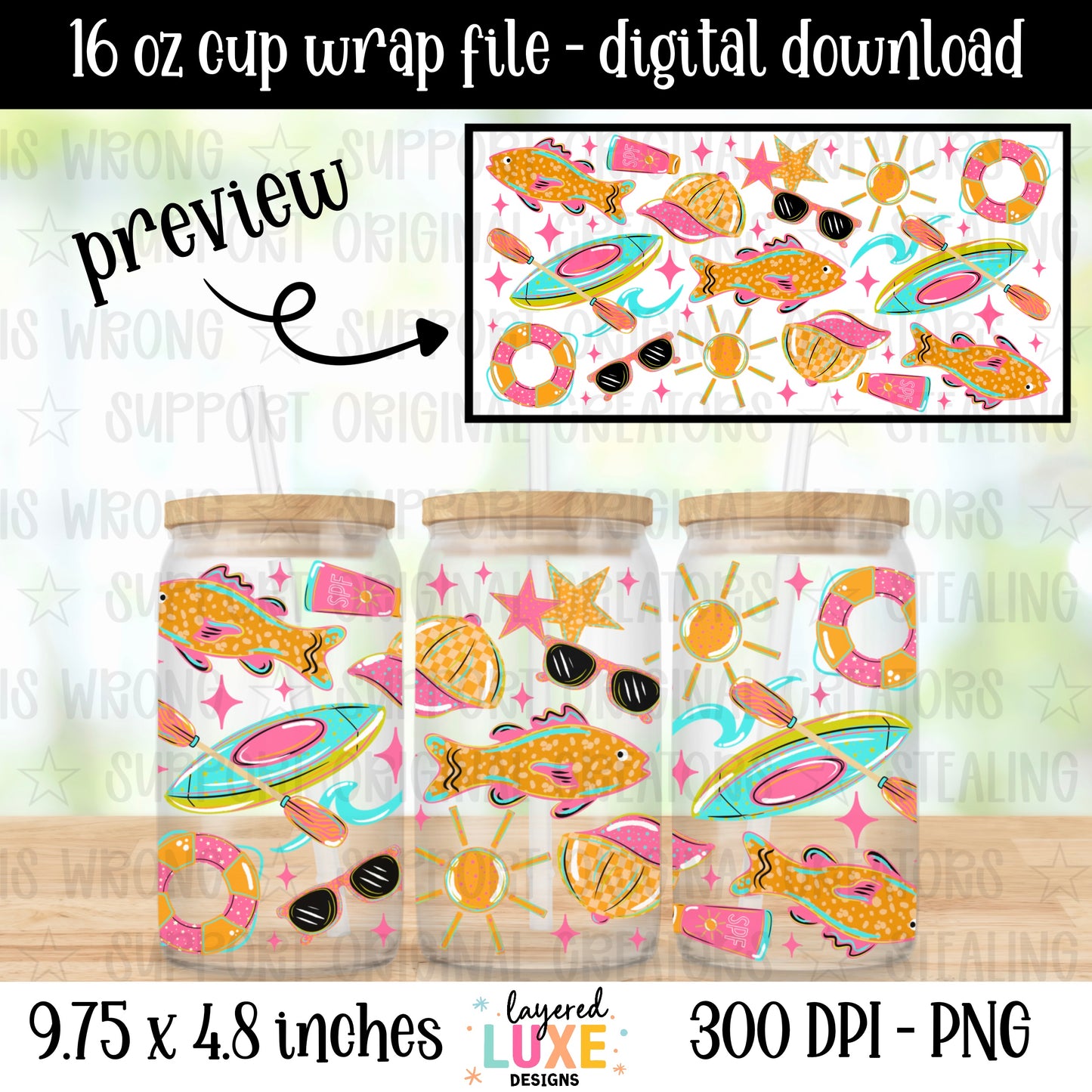 Lake life 16 oz cup wrap PNG digital download with fish, kayak, pool float, sunglasses and sun on white background, sublimation design for Libbey glass can, 300 DPI, 9.75x4.8 inches