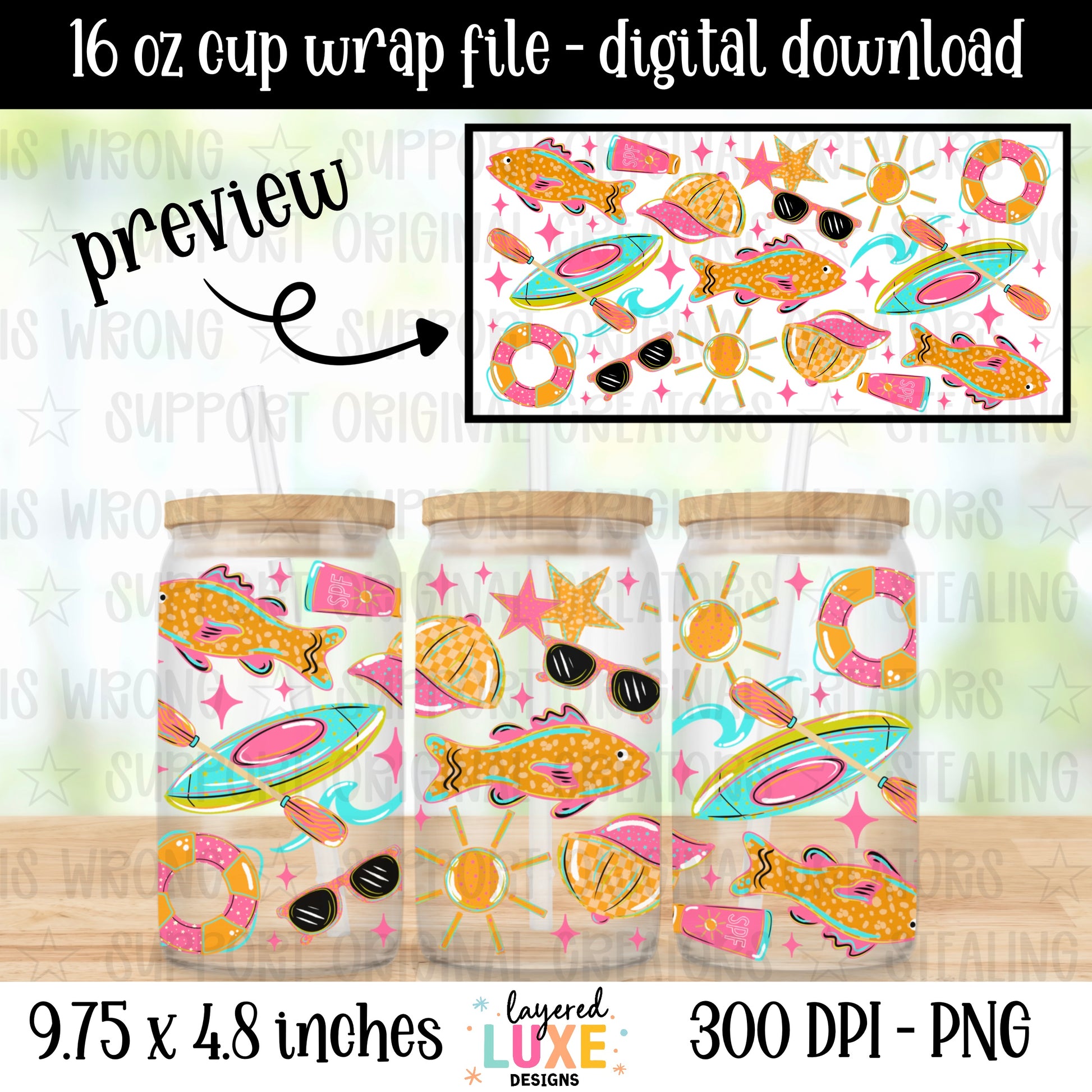 Lake life 16 oz cup wrap PNG digital download with fish, kayak, pool float, sunglasses and sun on white background, sublimation design for Libbey glass can, 300 DPI, 9.75x4.8 inches