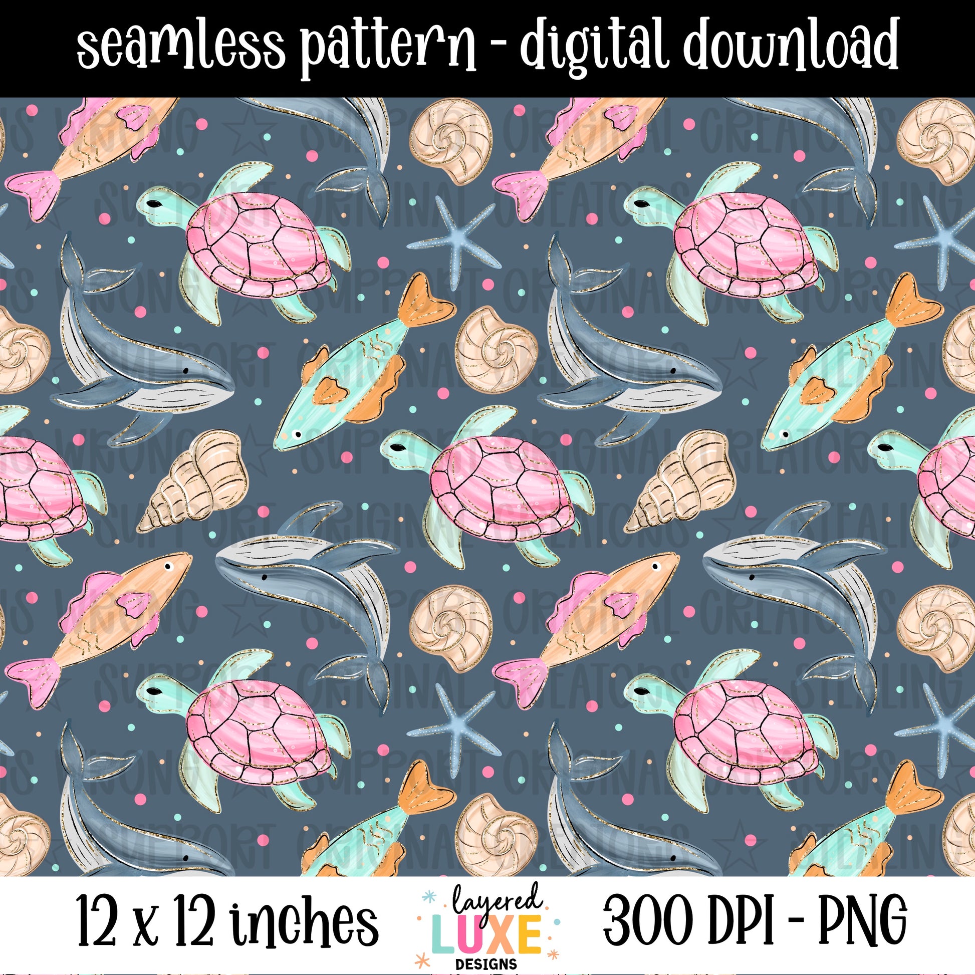 Ocean life seamless pattern PNG digital download with pink sea turtles, whales, fish and seashells on dark navy background, 300 DPI, 12x12 inches