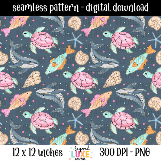 Ocean life seamless pattern PNG digital download with pink sea turtles, whales, fish and seashells on dark navy background, 300 DPI, 12x12 inches