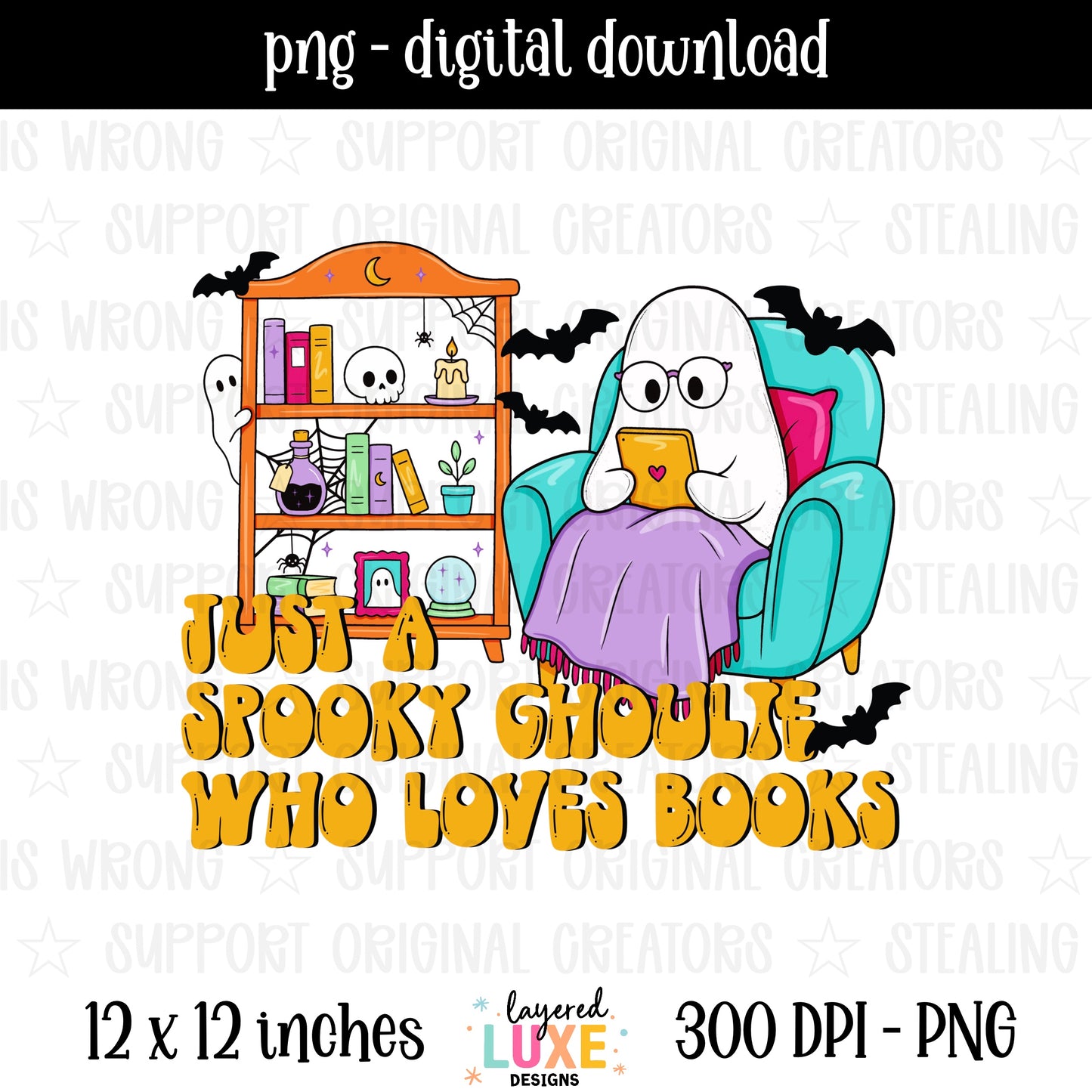 Spooky reader seamless pattern PNG digital download with reading ghost, Halloween bookshelf, bats and candlesticks on teal checkered background, 300 DPI, 12x12 inches