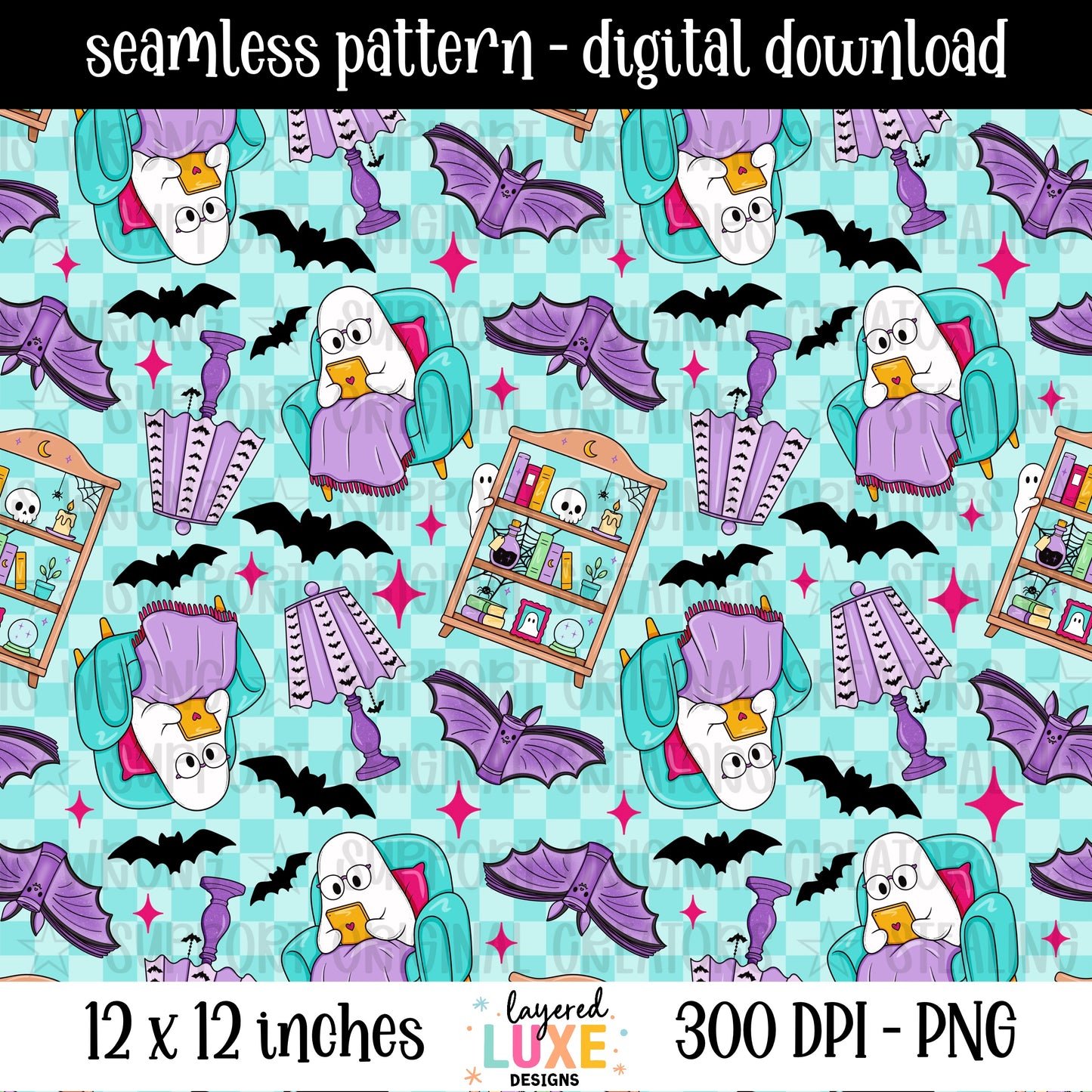 Spooky reader seamless pattern PNG digital download with reading ghost, Halloween bookshelf, bats and candlesticks on teal checkered background, 300 DPI, 12x12 inches