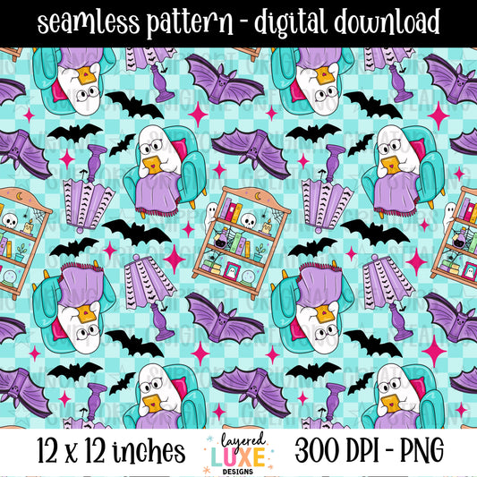Spooky reader seamless pattern PNG digital download with reading ghost, Halloween bookshelf, bats and candlesticks on teal checkered background, 300 DPI, 12x12 inches