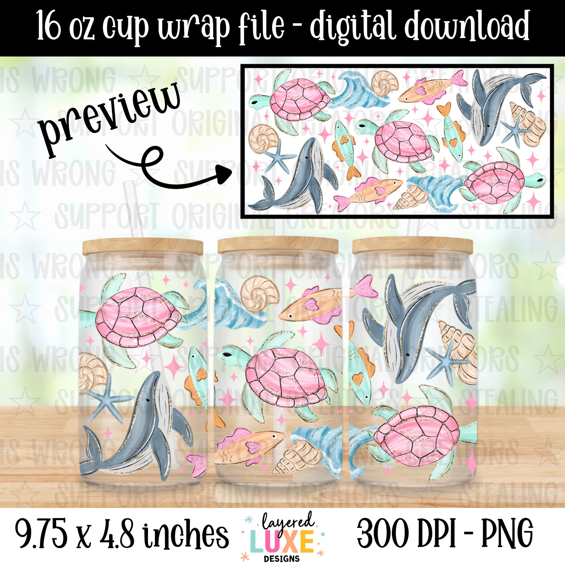 Ocean life 16 oz cup wrap PNG digital download with pink sea turtles, whales, fish and seashells on white background, sublimation design for Libbey glass can, 300 DPI, 9.75x4.8 inches