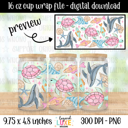 Ocean life 16 oz cup wrap PNG digital download with pink sea turtles, whales, fish and seashells on white background, sublimation design for Libbey glass can, 300 DPI, 9.75x4.8 inches