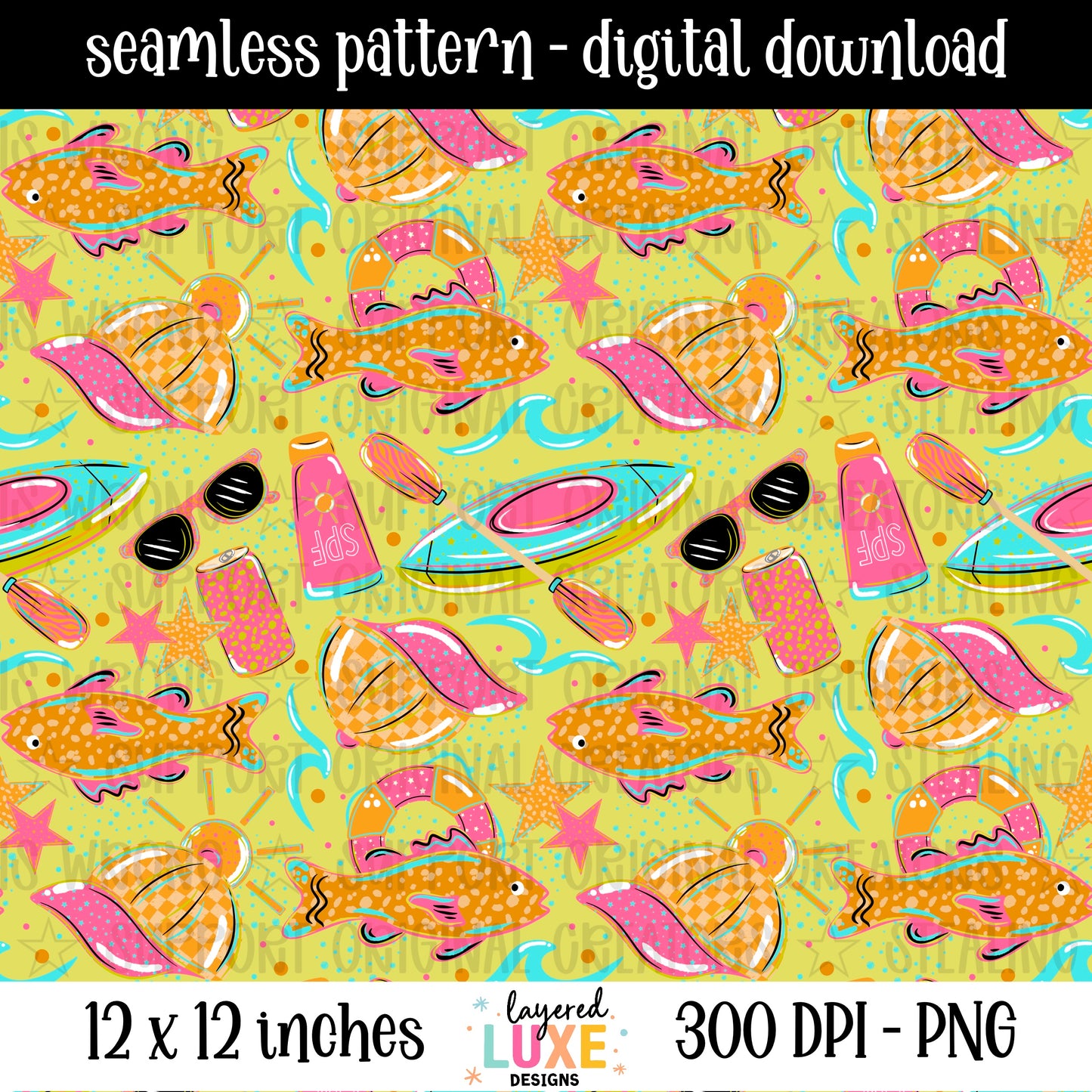 Lake life seamless pattern PNG digital download with fish, kayak, pool float, sunglasses and sunscreen on yellow green background, 300 DPI, 12x12 inches