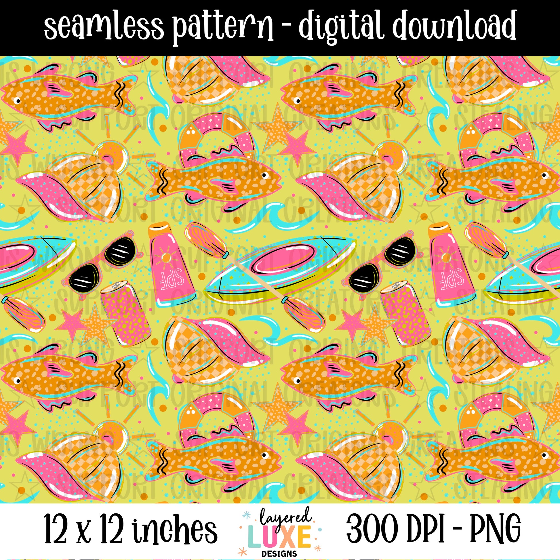 Lake life seamless pattern PNG digital download with fish, kayak, pool float, sunglasses and sunscreen on yellow green background, 300 DPI, 12x12 inches