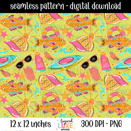 Lake life seamless pattern PNG digital download with fish, kayak, pool float, sunglasses and sunscreen on yellow green background, 300 DPI, 12x12 inches