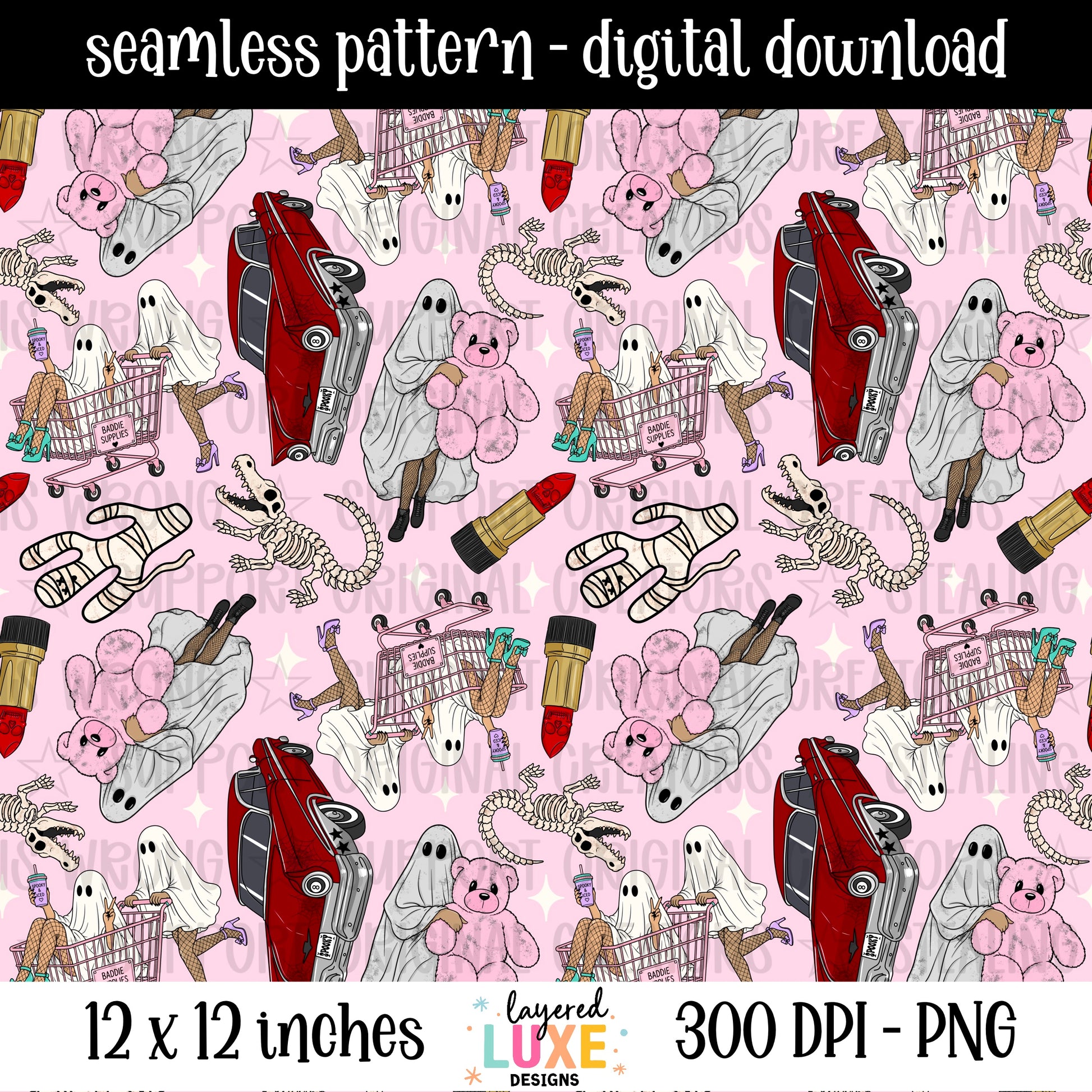 Ghoulie shopping spree seamless pattern PNG digital download with baddie ghosts, red vintage car, pink teddy bear, lipstick and dinosaur skeleton on pink background, 300 DPI, 12x12 inches