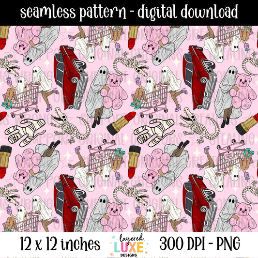 Ghoulie shopping spree seamless pattern PNG digital download with baddie ghosts, red vintage car, pink teddy bear, lipstick and dinosaur skeleton on pink background, 300 DPI, 12x12 inches