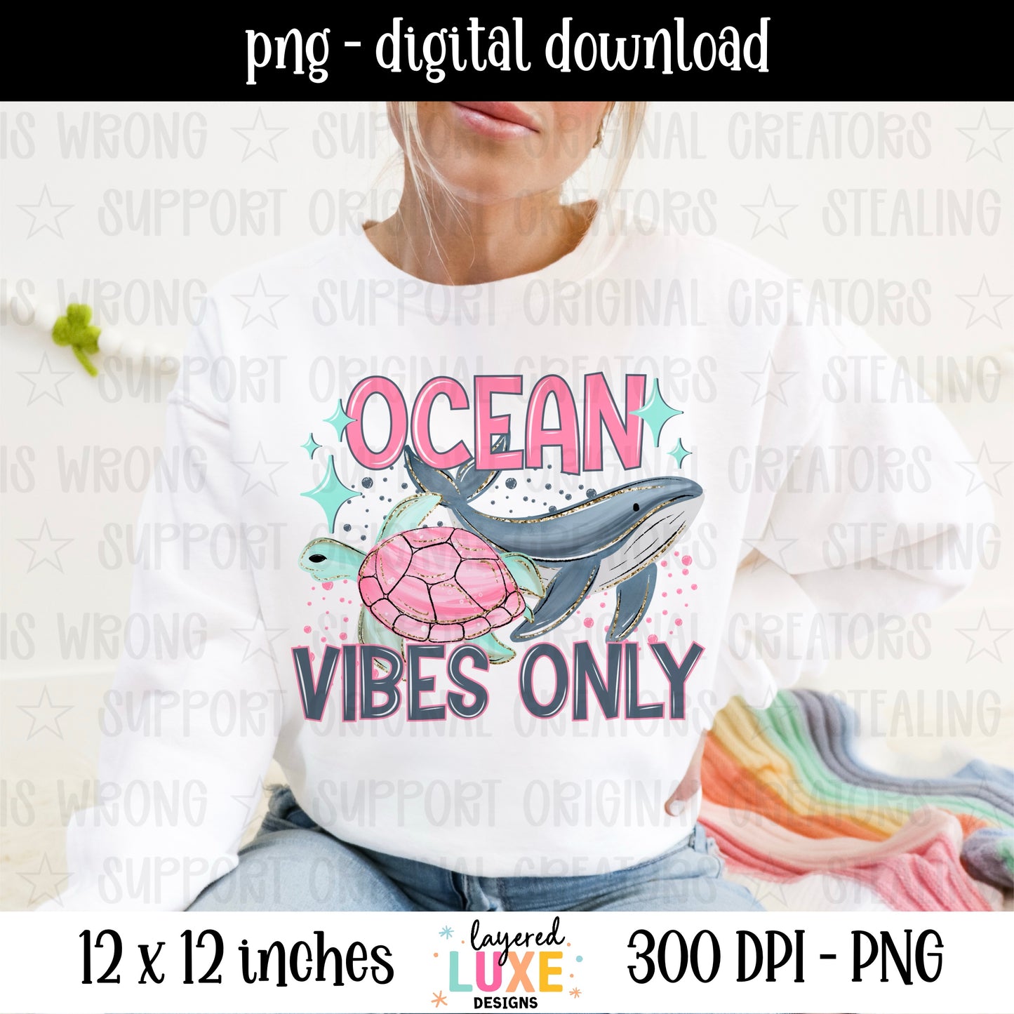 Ocean Vibes Only PNG, Sea Turtle Whale Sublimation Design, Ocean Life Shirt PNG, Beach Summer Digital Download