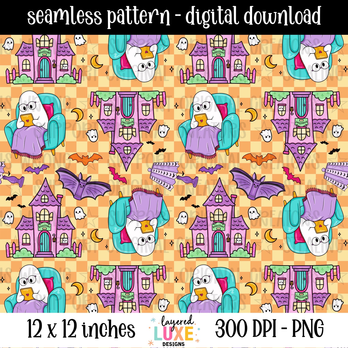Spooky bookstore seamless pattern PNG digital download with reading ghost, haunted bookstore, bats and moons on orange checkered background, 300 DPI, 12x12 inches