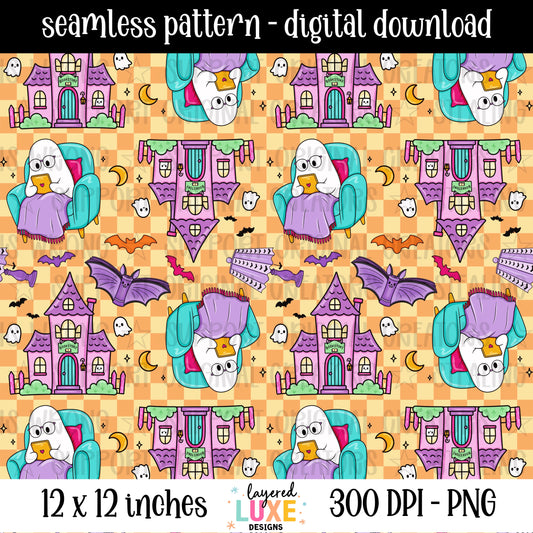 Spooky bookstore seamless pattern PNG digital download with reading ghost, haunted bookstore, bats and moons on orange checkered background, 300 DPI, 12x12 inches