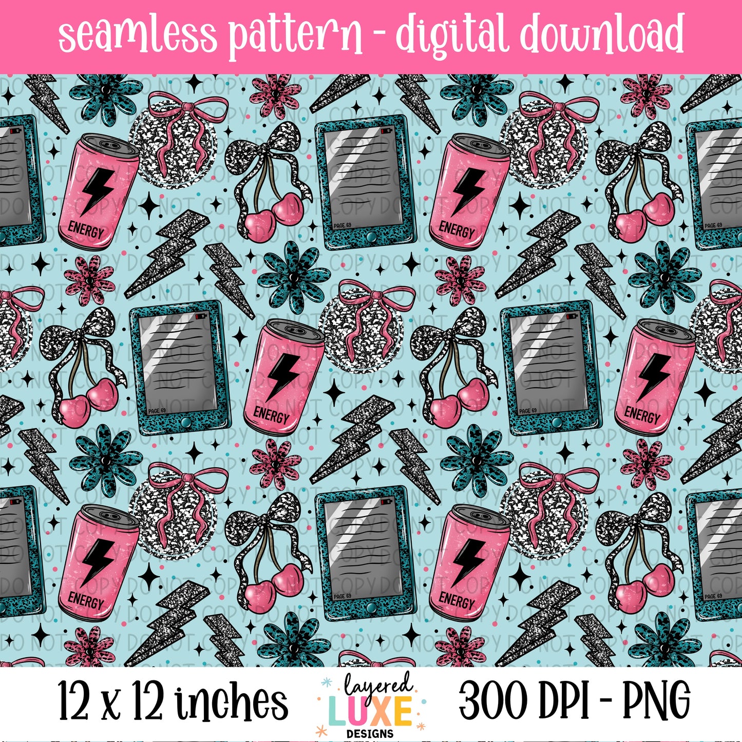 Buy Me Books and Energy Drinks Seamless Pattern