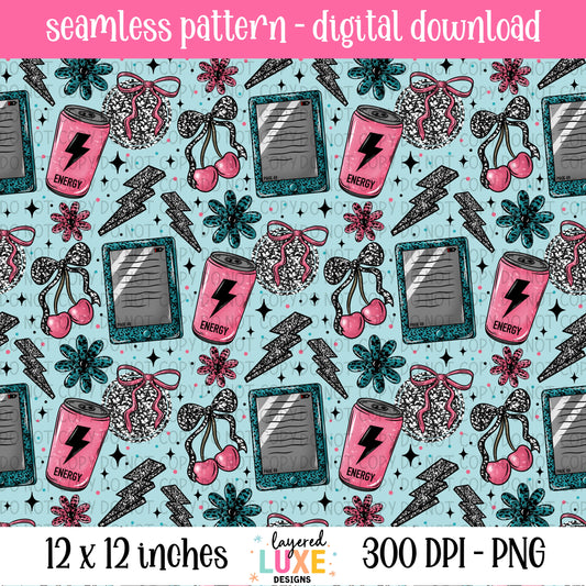 Buy Me Books and Energy Drinks Seamless Pattern