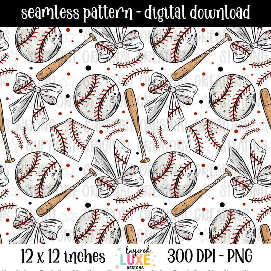 Bases & Bows Baseball Seamless Pattern PNG | Coquette Baseball Pattern | Baseball Bow Fabric Pattern | Sports Seamless Digital Download