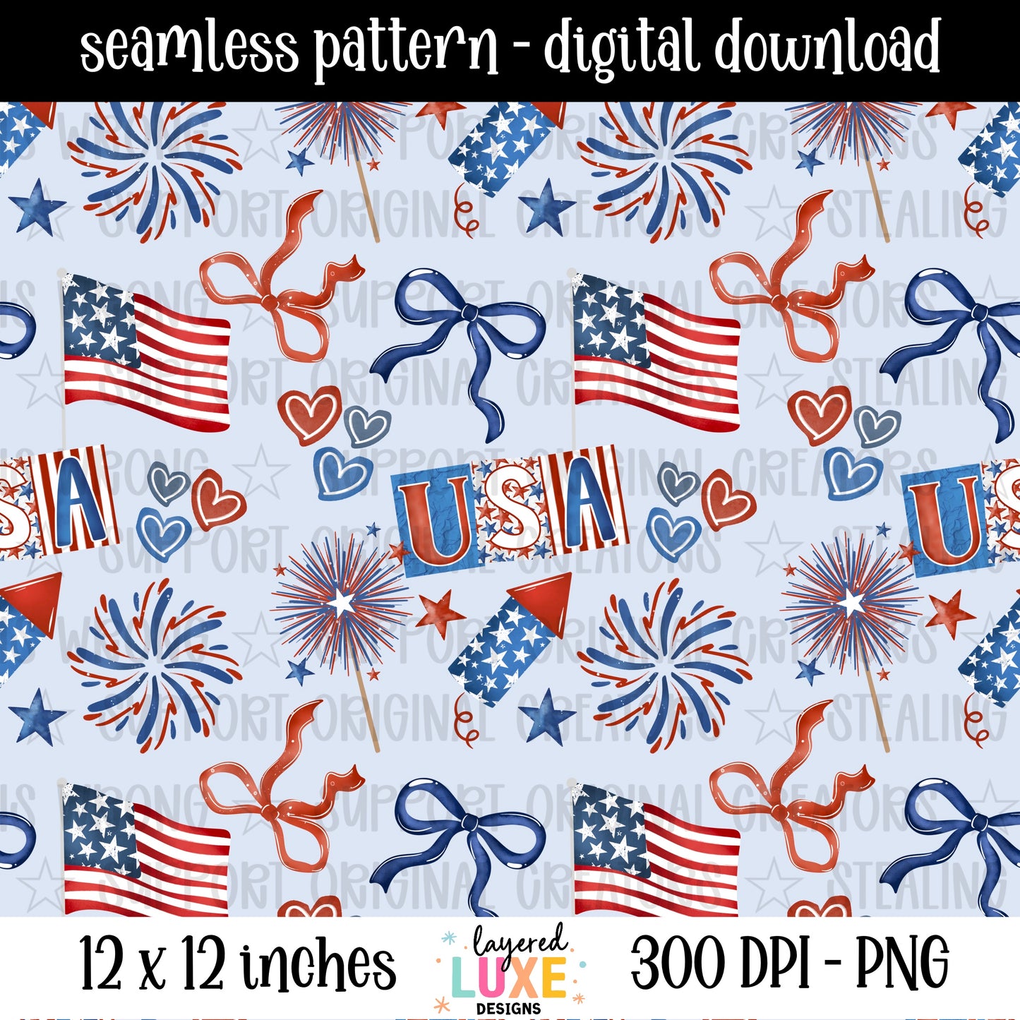 Stars Stripes and Bows Patriotic Seamless Pattern PNG | 4th of July Pattern | American Flag Fabric Pattern | Patriotic Digital Download