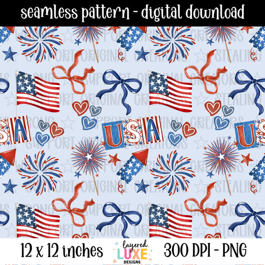 Stars Stripes and Bows Patriotic Seamless Pattern PNG | 4th of July Pattern | American Flag Fabric Pattern | Patriotic Digital Download