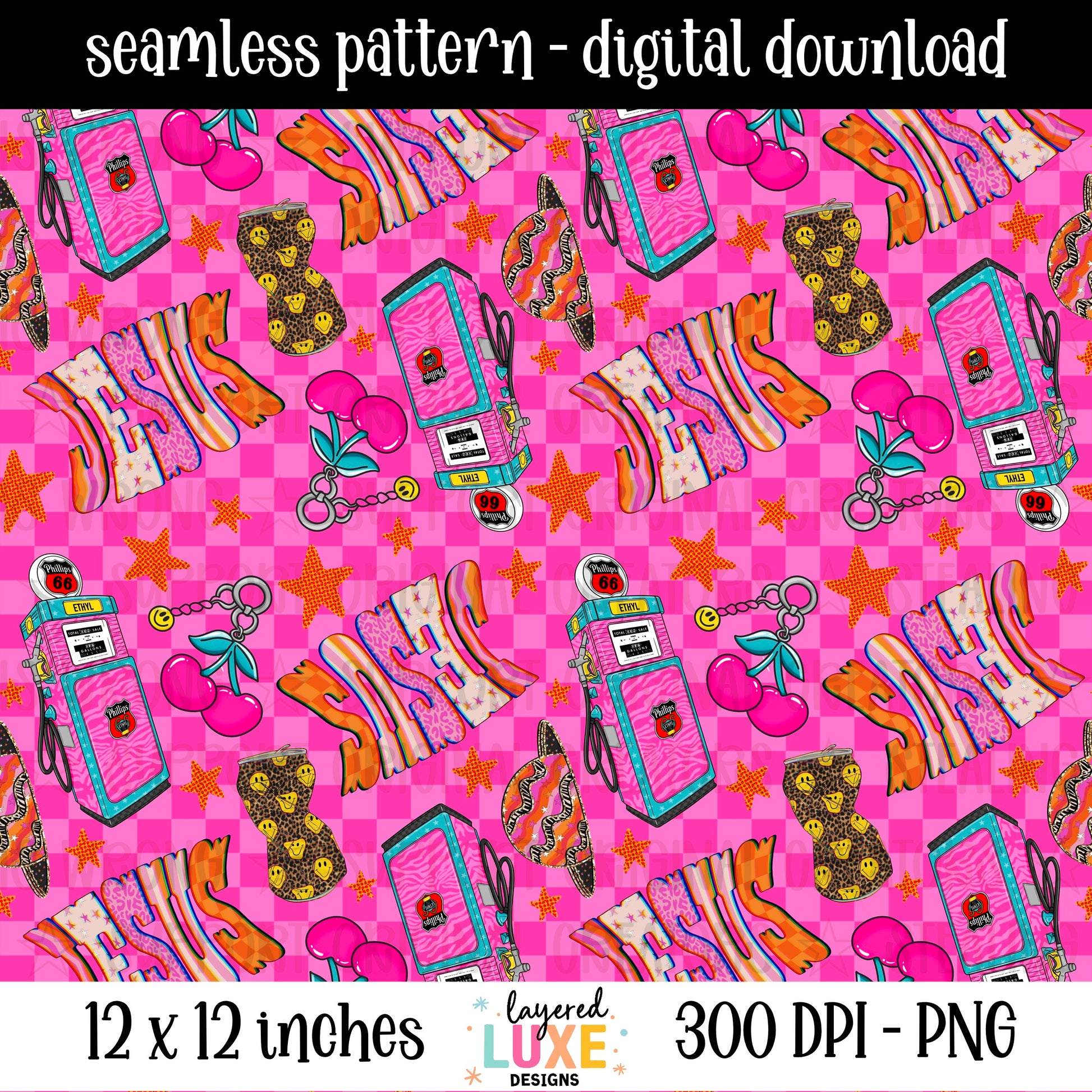 Jesus Fill Up My Tank seamless pattern PNG digital download with retro gas pumps, cowboy boots, cherries and Jesus lettering on pink checkered background, 300 DPI, 12x12 inches