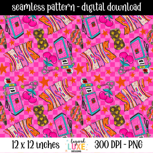 Jesus Fill Up My Tank seamless pattern PNG digital download with retro gas pumps, cowboy boots, cherries and Jesus lettering on pink checkered background, 300 DPI, 12x12 inches