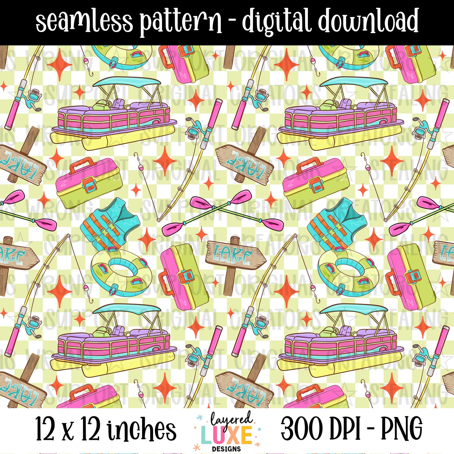 Lake girlie seamless pattern PNG digital download with pontoon boat, fishing rods, tackle box, life vest and lake signs on green checkered background, 300 DPI, 12x12 inches