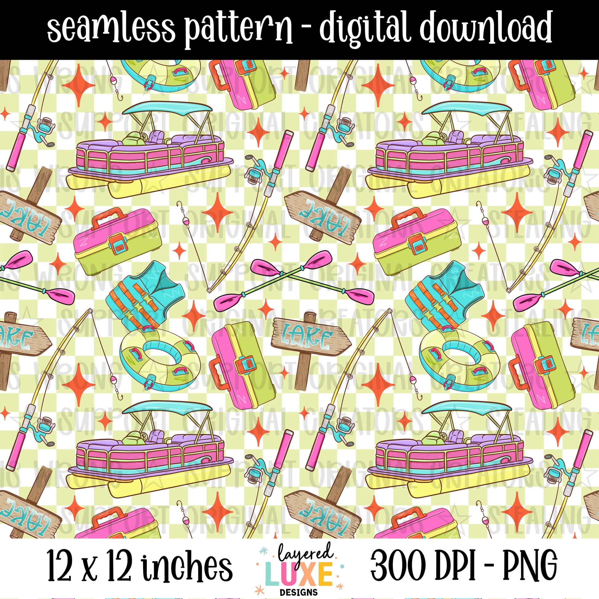 Lake girlie seamless pattern PNG digital download with pontoon boat, fishing rods, tackle box, life vest and lake signs on green checkered background, 300 DPI, 12x12 inches