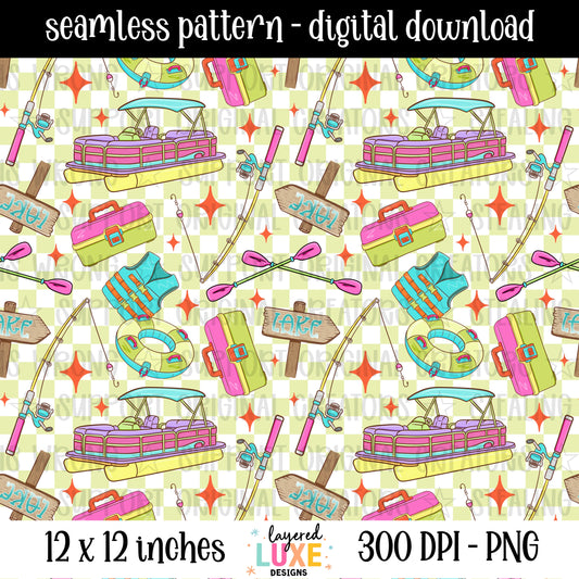 Lake girlie seamless pattern PNG digital download with pontoon boat, fishing rods, tackle box, life vest and lake signs on green checkered background, 300 DPI, 12x12 inches