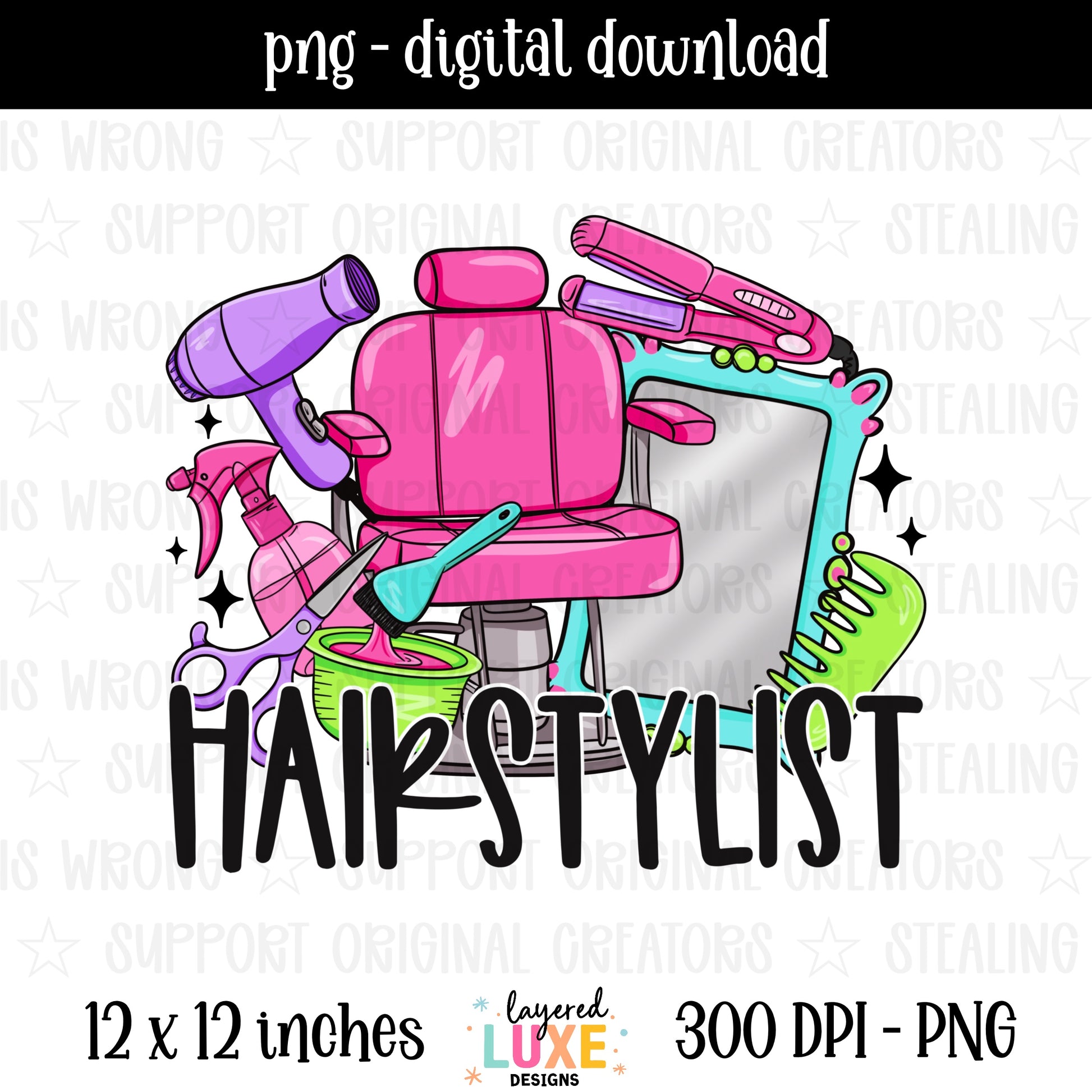 Hairstylist PNG digital download with pink salon chair, purple blow dryer, flat iron, scissors and spray bottle in pink purple and teal, transparent background, 300 DPI, 12x12 inches