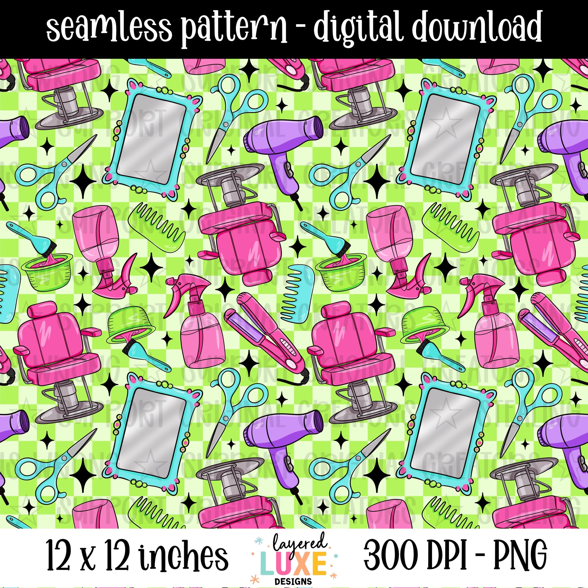 Hairstylist seamless pattern PNG digital download with salon chairs, scissors, blow dryers, flat irons and mirrors on green checkered background, 300 DPI, 12x12 inches