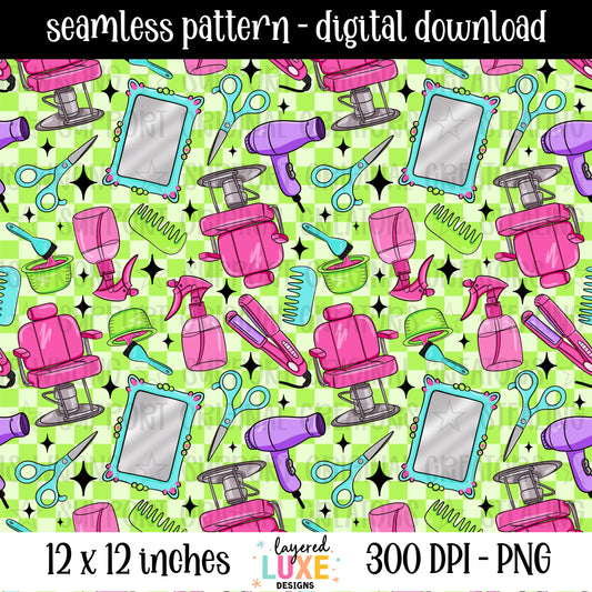 Hairstylist seamless pattern PNG digital download with salon chairs, scissors, blow dryers, flat irons and mirrors on green checkered background, 300 DPI, 12x12 inches