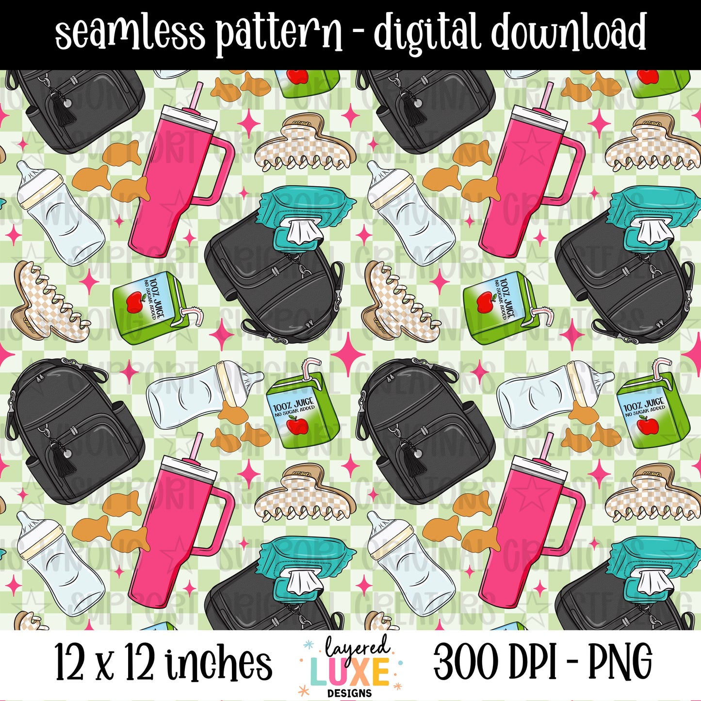 Surviving on Caffeine mom seamless pattern PNG digital download with diaper bag, pink tumbler, baby bottle, wipes and juice box on green checkered background, 300 DPI, 12x12 inches
