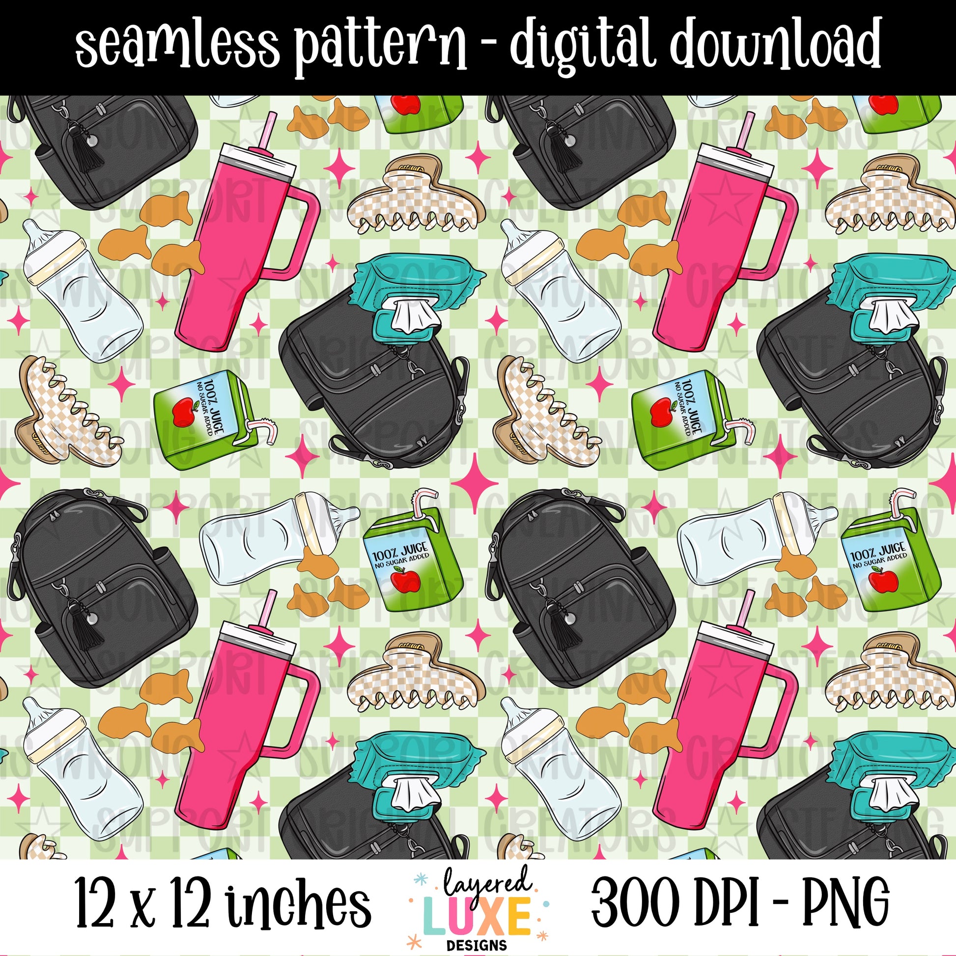 Surviving on Caffeine mom seamless pattern PNG digital download with diaper bag, pink tumbler, baby bottle, wipes and juice box on green checkered background, 300 DPI, 12x12 inches