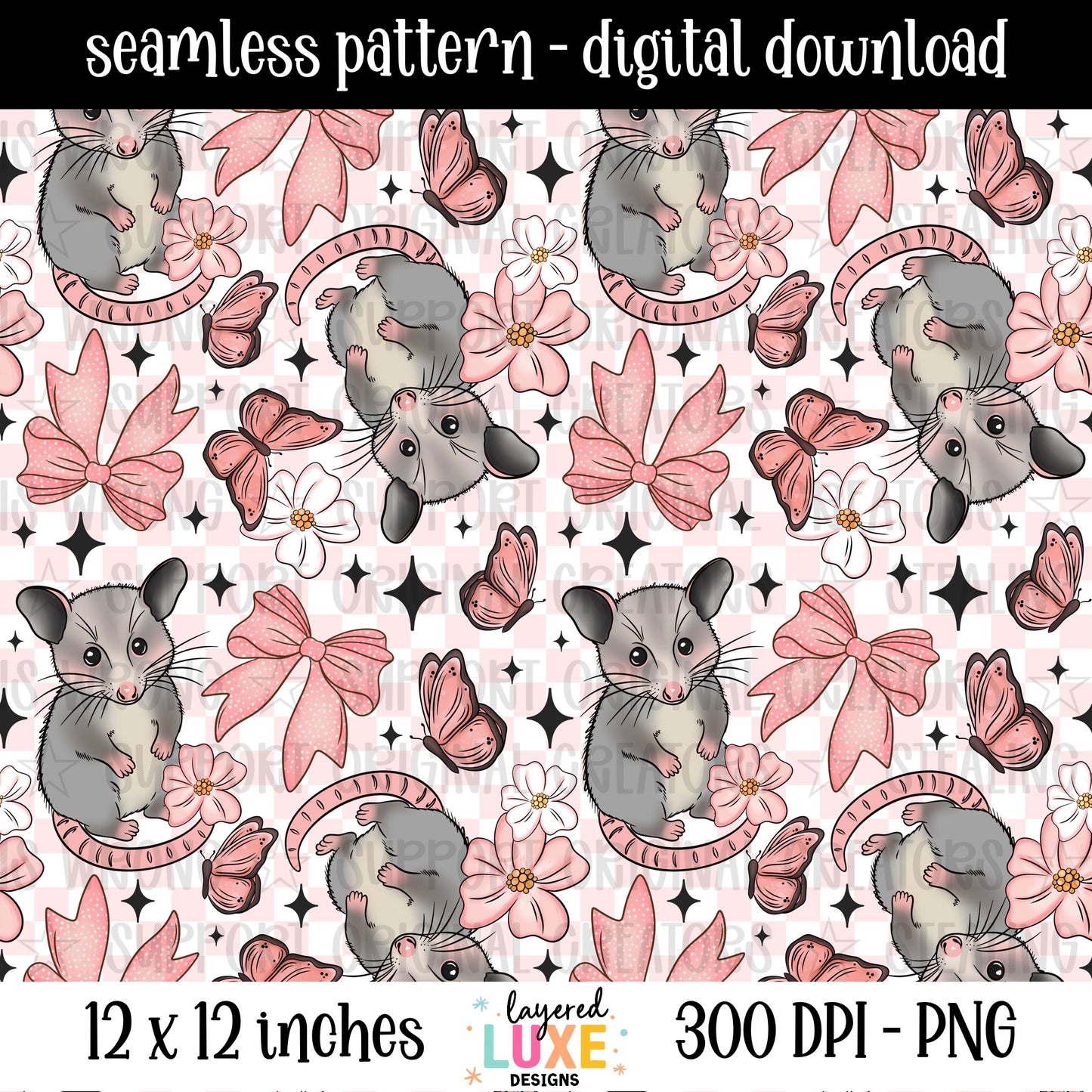 Coquette possum seamless pattern PNG digital download with cute opossums, pink bows, butterflies and flowers on pink checkered background, 300 DPI, 12x12 inches
