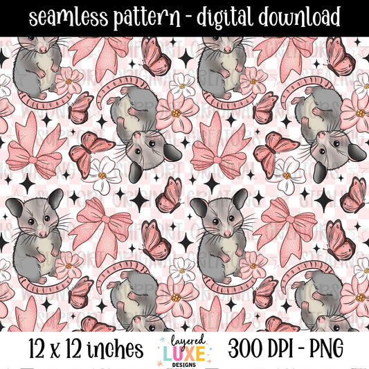 Coquette possum seamless pattern PNG digital download with cute opossums, pink bows, butterflies and flowers on pink checkered background, 300 DPI, 12x12 inches