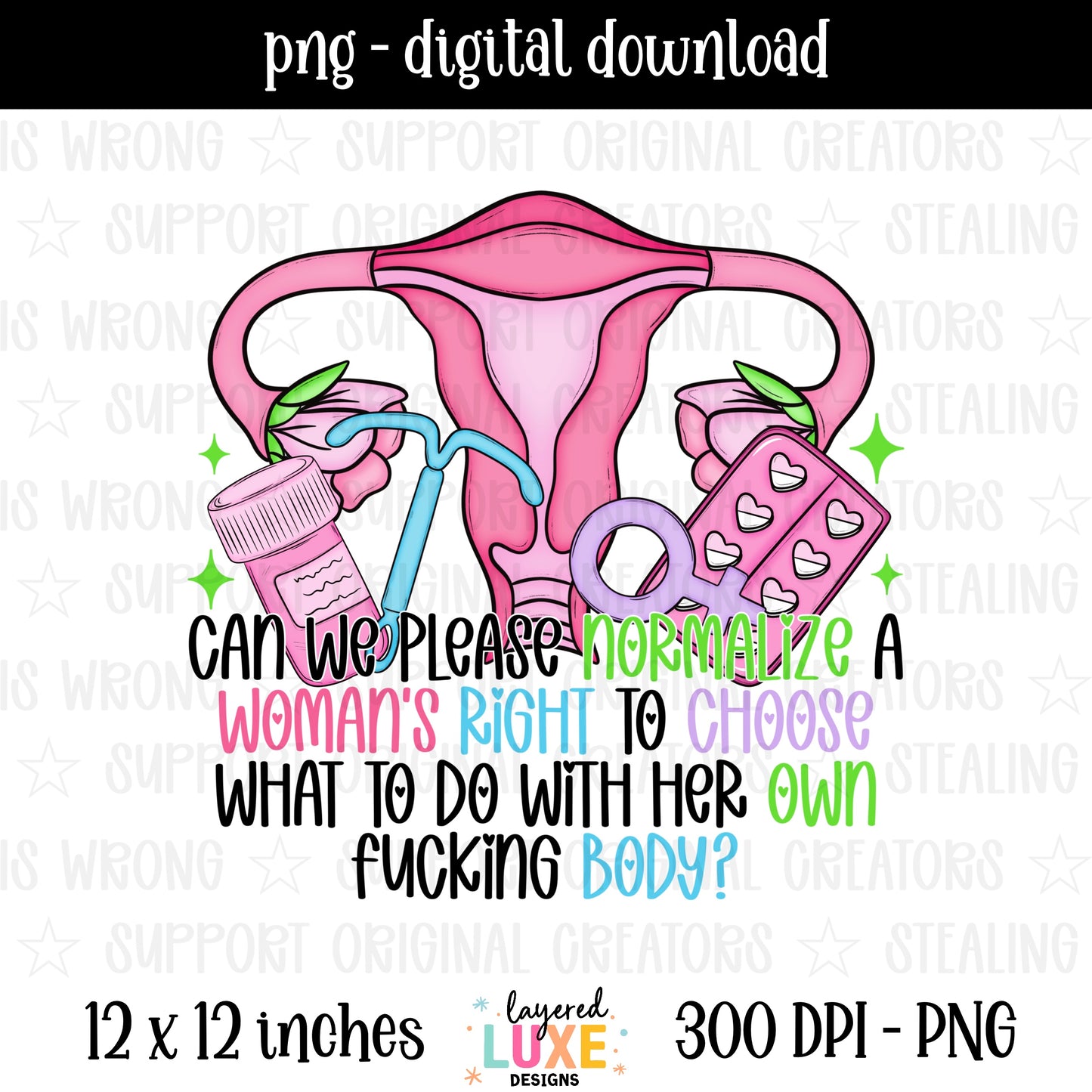 Womans Right to Choose PNG digital download with illustrated uterus, IUD, birth control pills and medication in pink and green, transparent background, 300 DPI, 12x12 inches