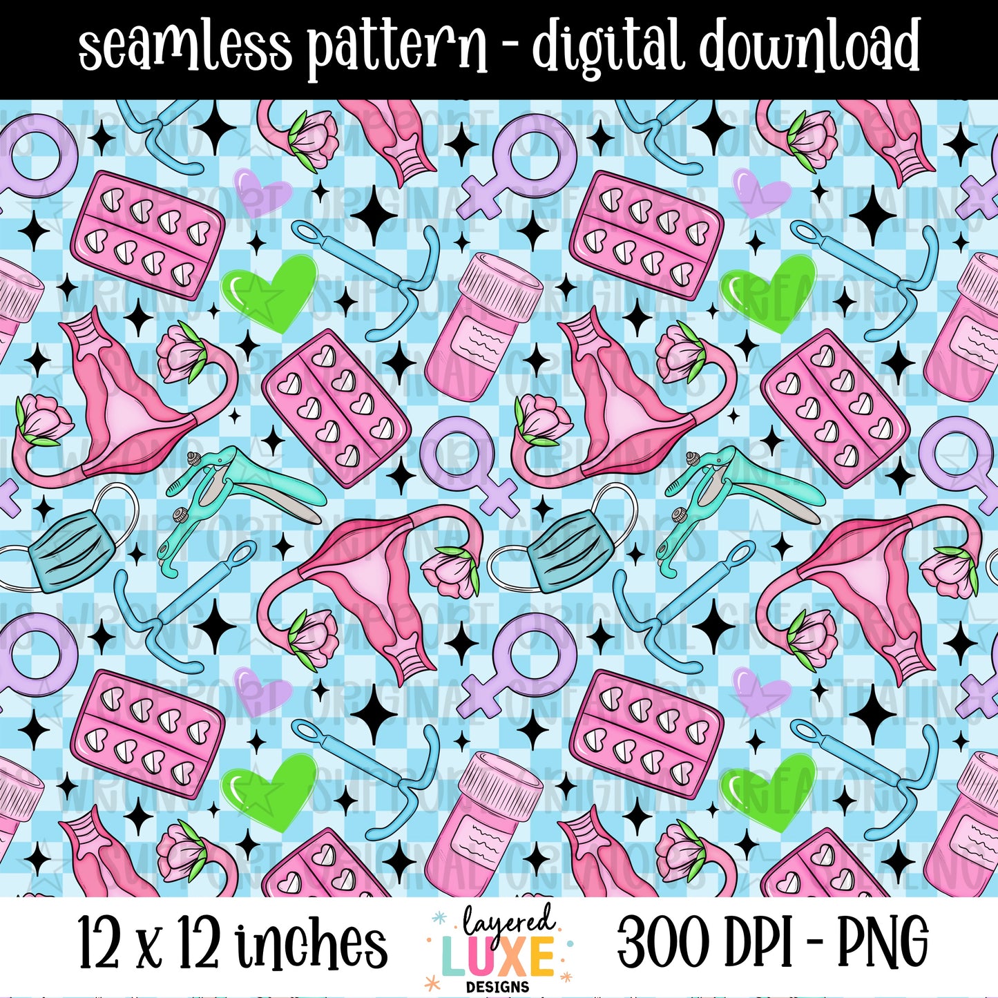 Reproductive rights seamless pattern PNG digital download with uteruses, birth control, IUDs and female symbols on blue checkered background, 300 DPI, 12x12 inches