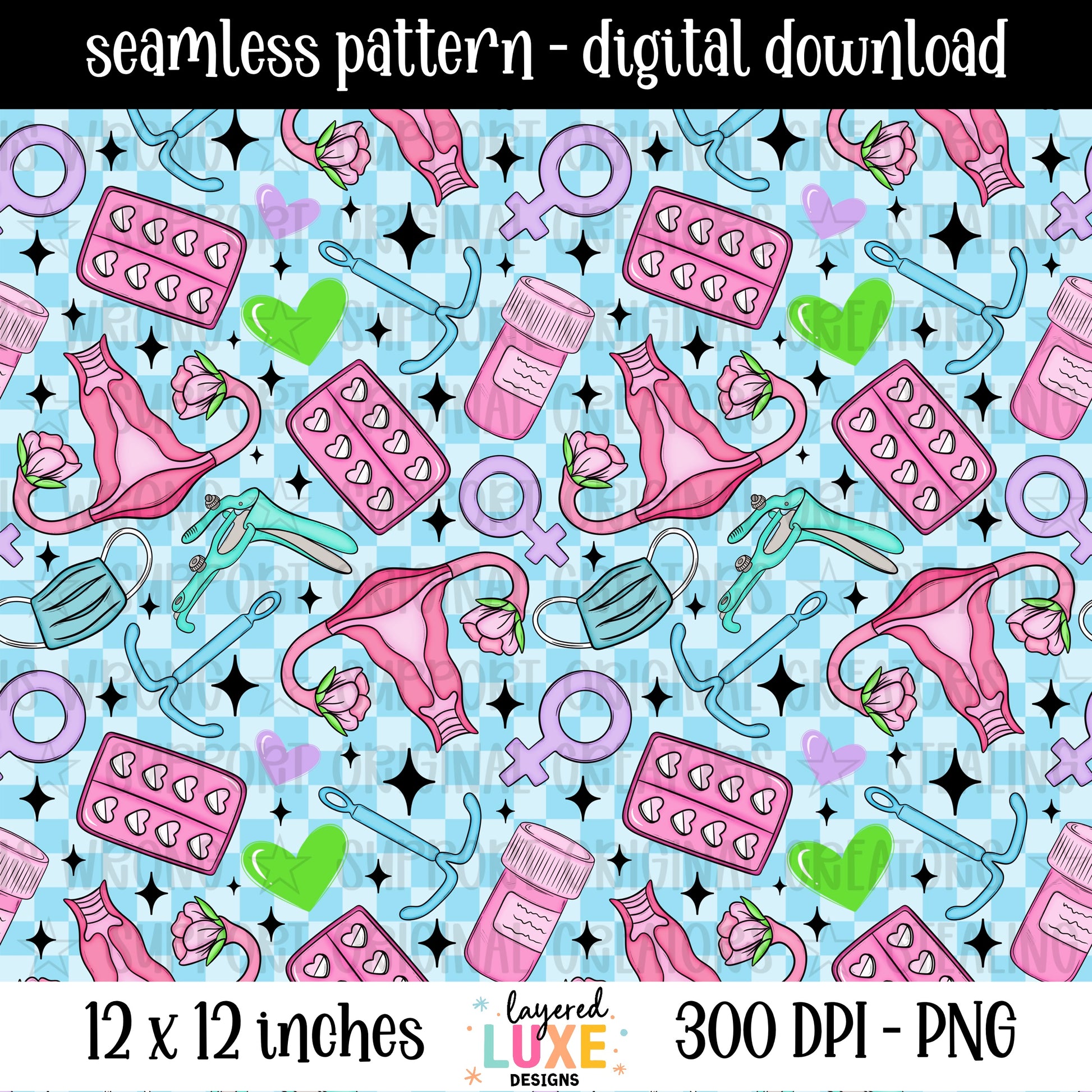 Reproductive rights seamless pattern PNG digital download with uteruses, birth control, IUDs and female symbols on blue checkered background, 300 DPI, 12x12 inches
