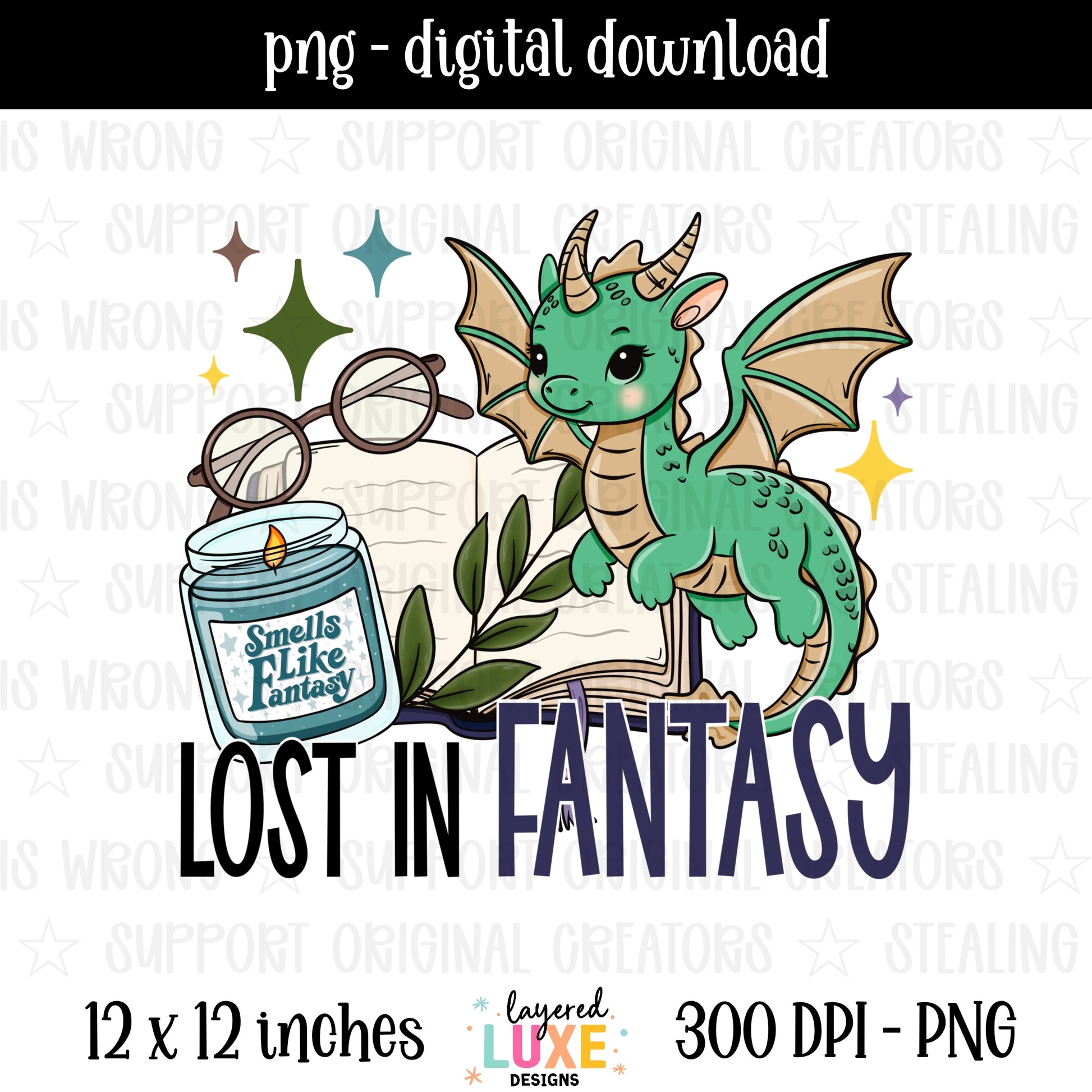 Lost in Fantasy PNG digital download with cute green dragon on open book, candle and reading glasses in green navy and tan, transparent background, 300 DPI, 12x12 inches