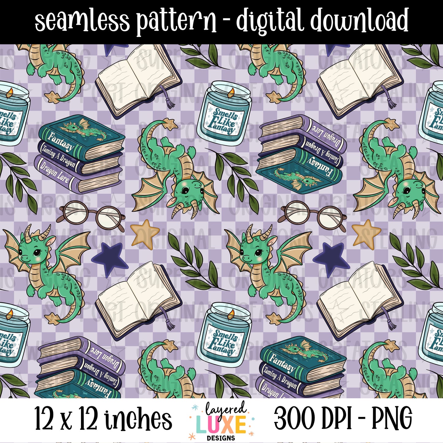 Lost in Fantasy seamless pattern PNG digital download with cute green dragons, fantasy books, candles and reading glasses on purple checkered background, 300 DPI, 12x12 inches
