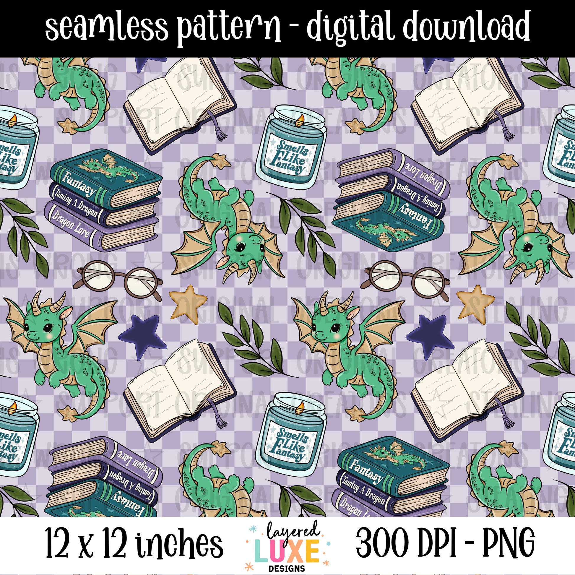 Lost in Fantasy seamless pattern PNG digital download with cute green dragons, fantasy books, candles and reading glasses on purple checkered background, 300 DPI, 12x12 inches