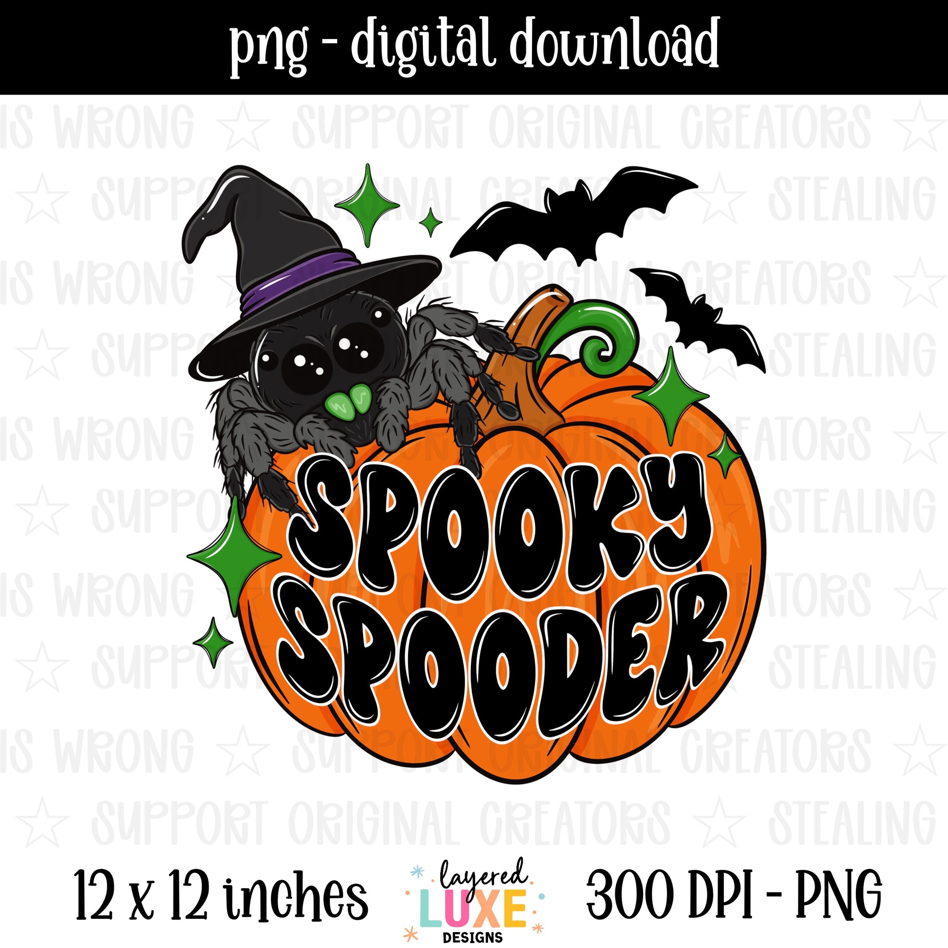 Spooky Spooder PNG digital download with cute jumping spider in witch hat on pumpkin with bats in black orange and green, transparent background, 300 DPI, 12x12 inches